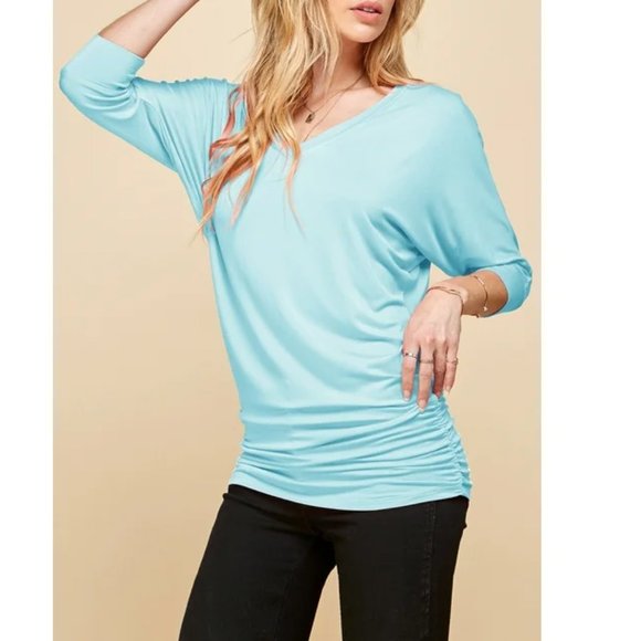 Made by Johnny Women's V-Neck 3/4 Sleeve Dolman Top with Side Shirring XXXL Blue - Picture 3 of 9